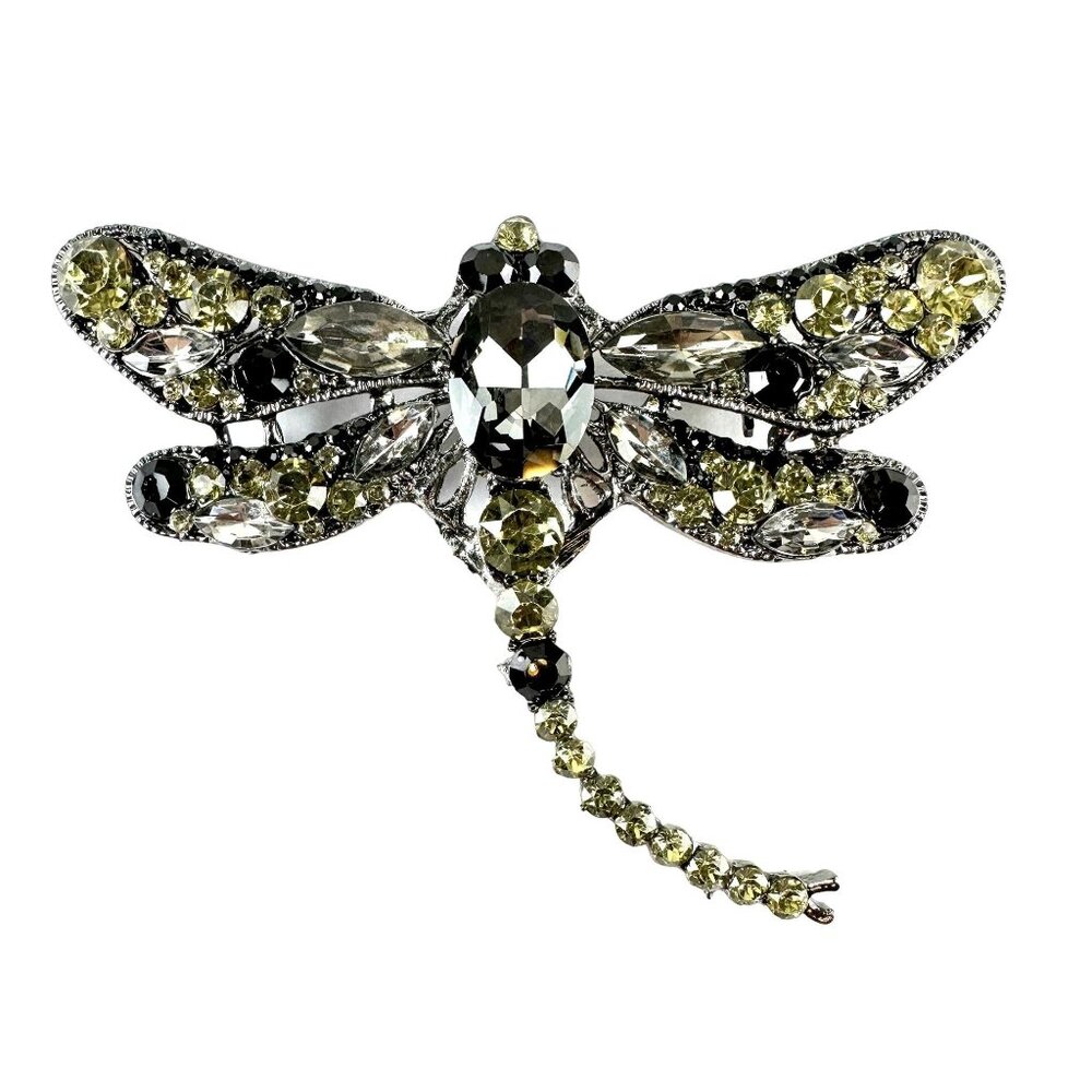 Brooch Dragonfly Black & Green Rhinestones
